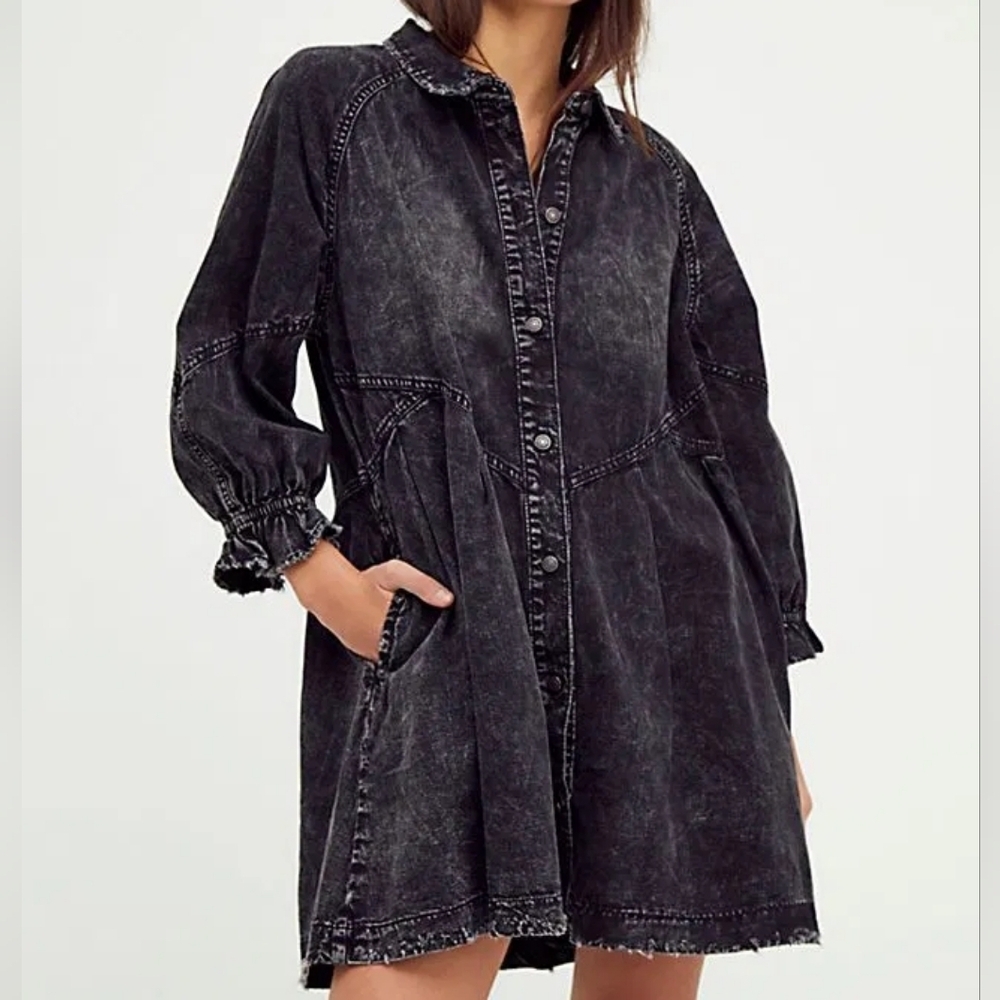 Free People We The Free Hannah Boho Black Denim Mini Dress Women's Size Small